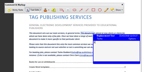 Proofreading in Adobe Acrobat - zoomed in to show replacing text